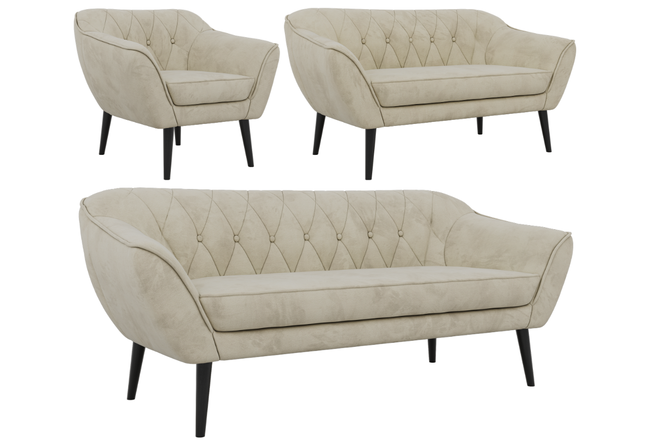 Zestaw PIRS 3+2+1 - kremowy, welwet - nóżki,  czarny