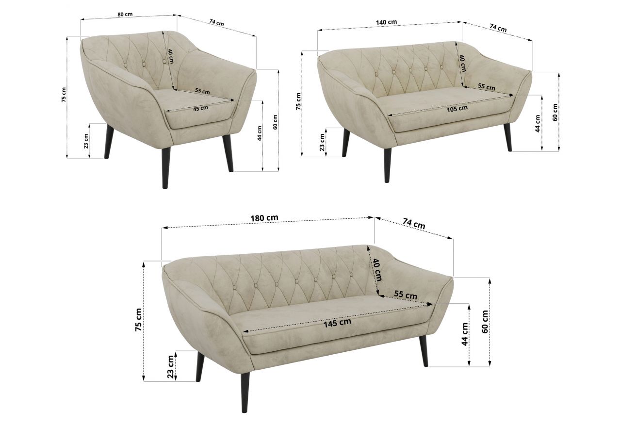 Zestaw PIRS 3+2+1 - kremowy, welwet - nóżki,  czarny