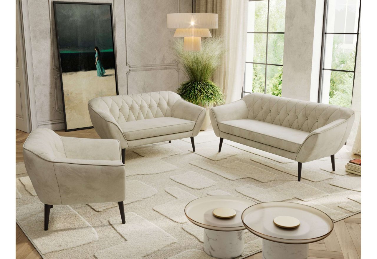 Zestaw PIRS 3+2+1 - kremowy, welwet - nóżki,  czarny