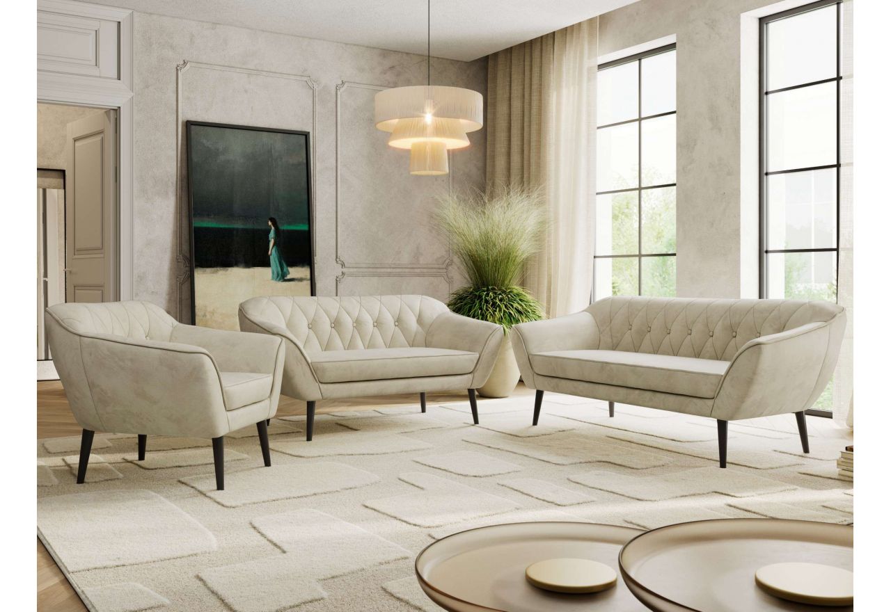 Zestaw PIRS 3+2+1 - kremowy, welwet - nóżki,  czarny