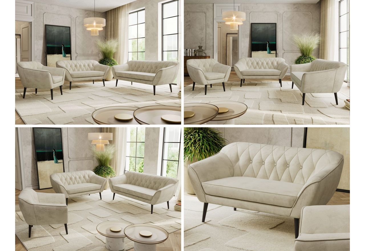 Zestaw PIRS 3+2+1 - kremowy, welwet - nóżki,  czarny