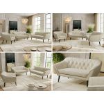 Zestaw PIRS 3+2+1 - kremowy, welwet - nóżki,  czarny