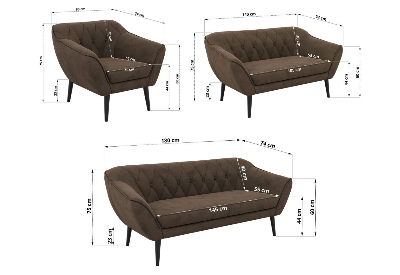 Zestaw PIRS 3+2+1 - brązowy, welwet - nóżki,  czarny