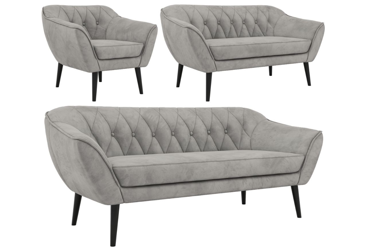 Zestaw PIRS 3+2+1 - jasnoszary, welwet - nóżki,  czarny