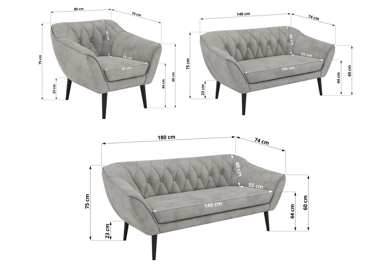Zestaw PIRS 3+2+1 - jasnoszary, welwet - nóżki,  czarny