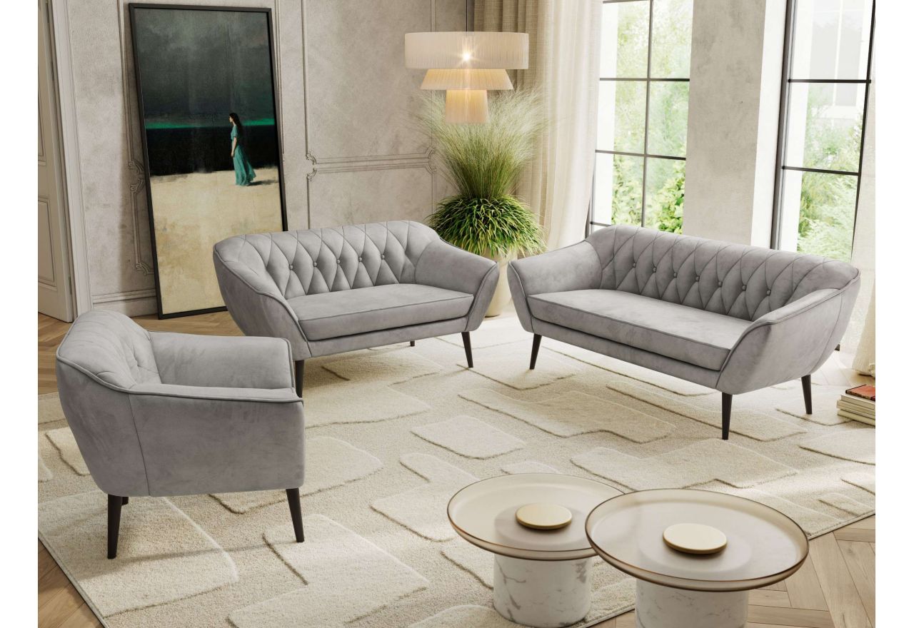 Zestaw PIRS 3+2+1 - jasnoszary, welwet - nóżki,  czarny