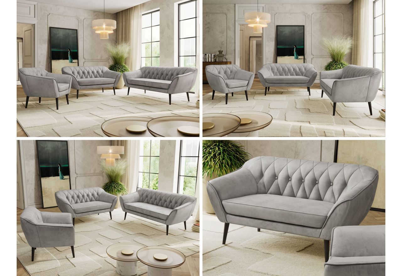 Zestaw PIRS 3+2+1 - jasnoszary, welwet - nóżki,  czarny