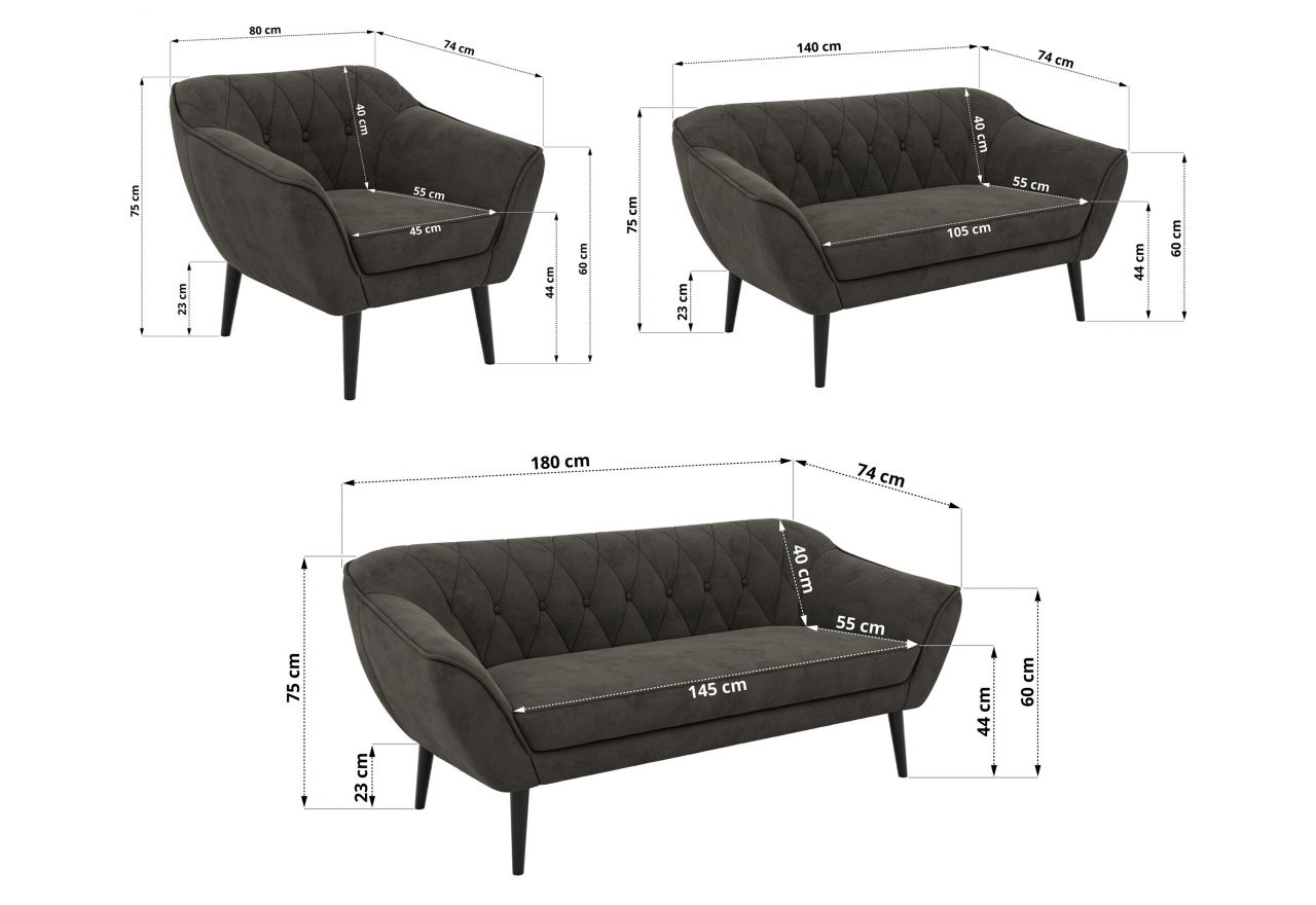 Zestaw PIRS 3+2+1 - ciemnoszary, welwet - nóżki,  czarny