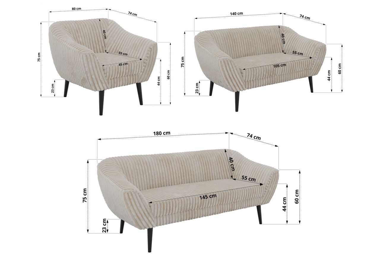 Zestaw PIRS 3+2+1 - beżowy, sztruks - nóżki,  czarny