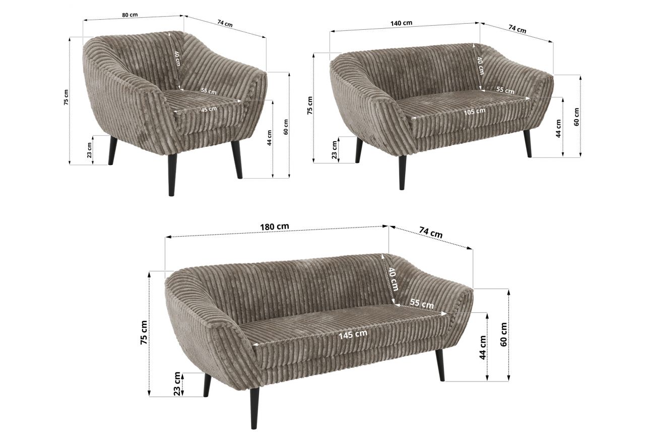 Zestaw PIRS 3+2+1 - jasnobrązowy, sztruks - nóżki,  czarny