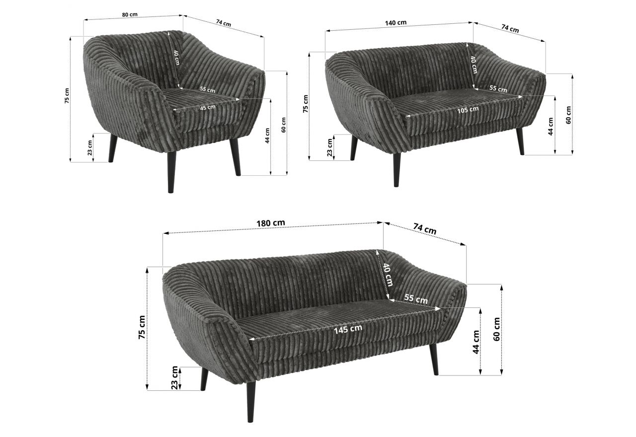 Zestaw PIRS 3+2+1 - szary, sztruks - nóżki,  czarny