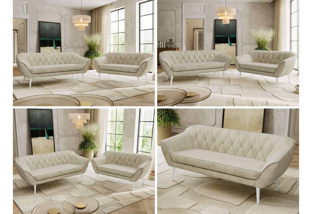 Zestaw PIRS 3+2 - kremowy, welwet - nóżki,  biały