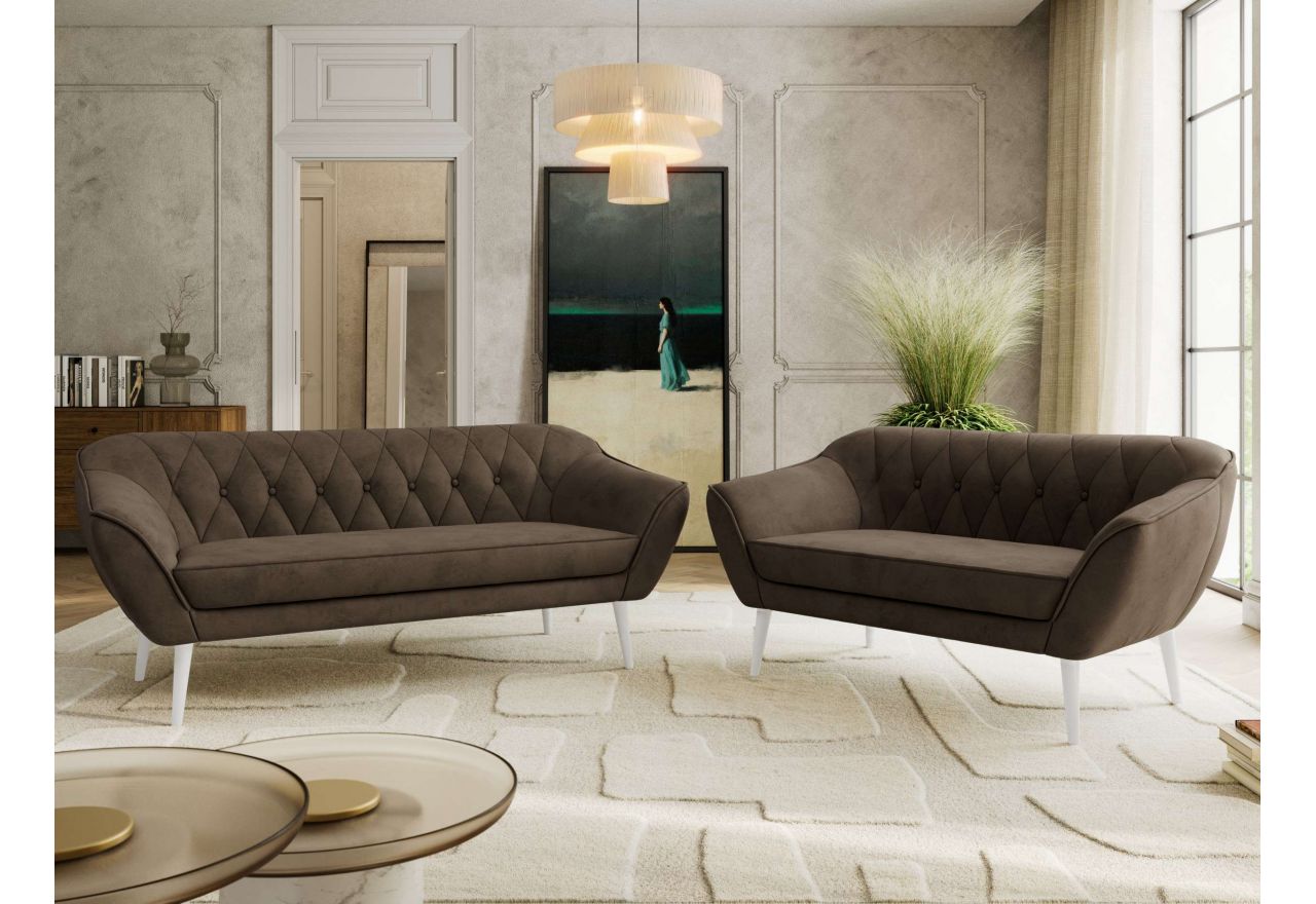 Zestaw PIRS 3+2 - brązowy, welwet - nóżki,  biały