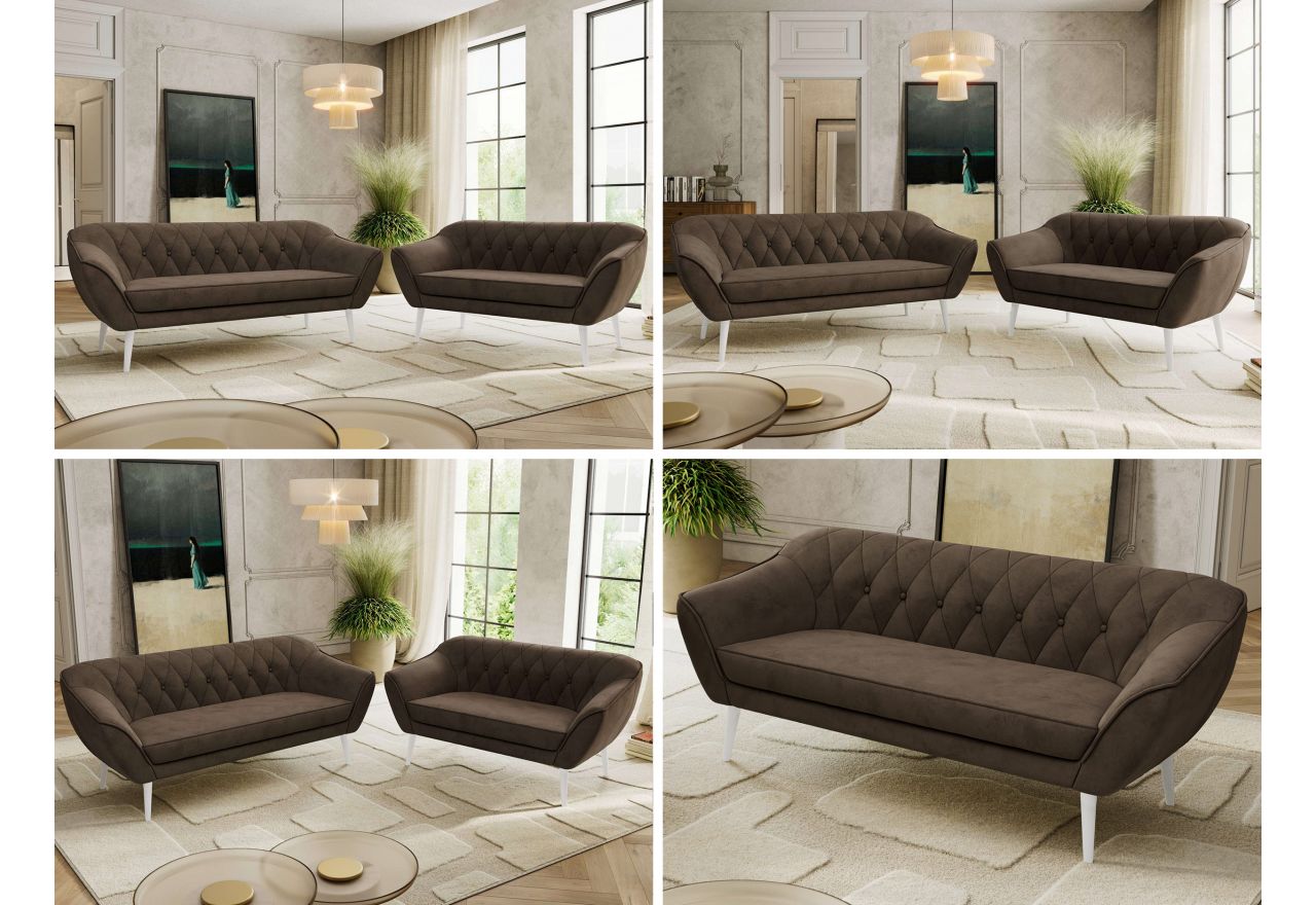 Zestaw PIRS 3+2 - brązowy, welwet - nóżki,  biały