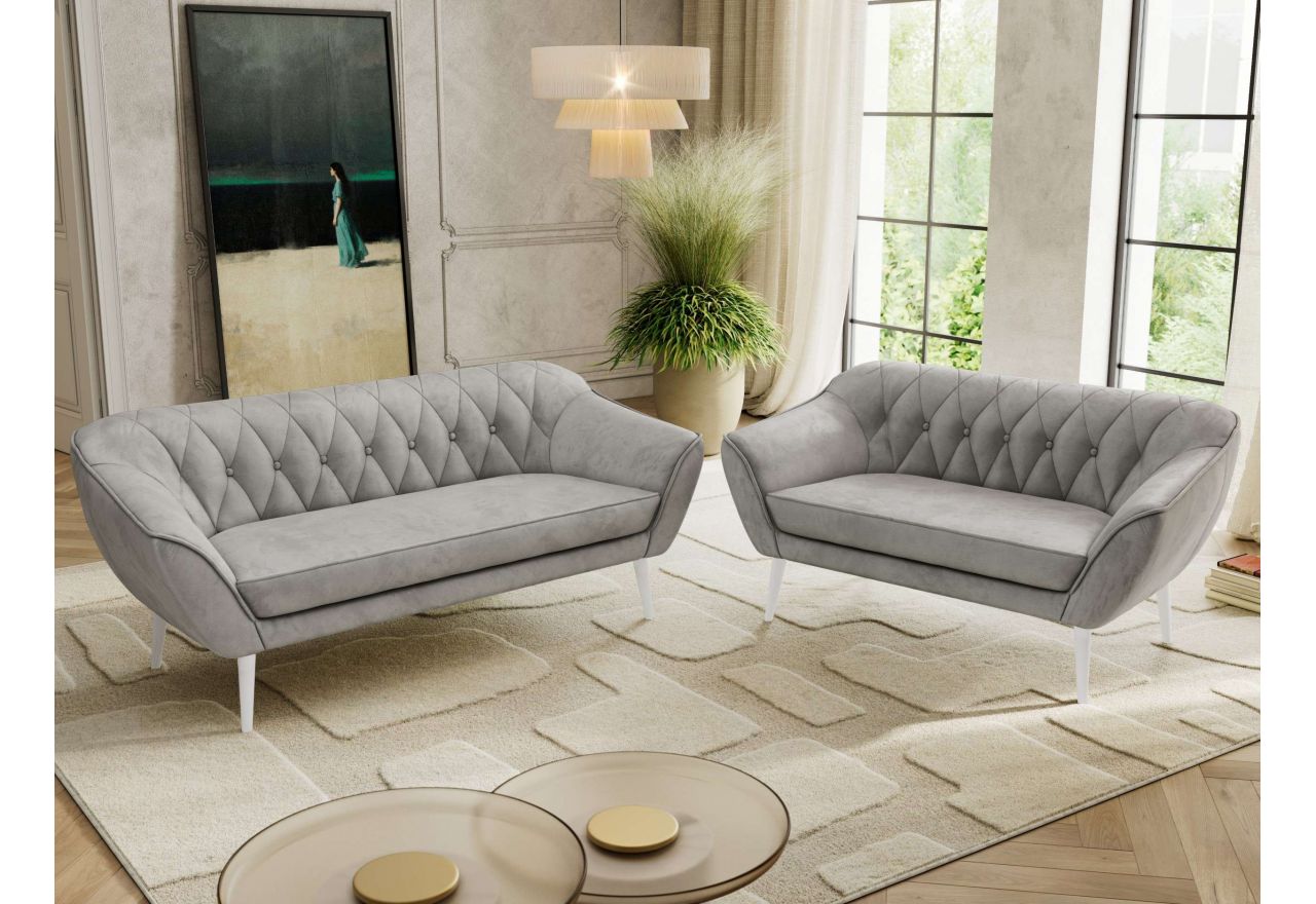 Zestaw PIRS 3+2 - jasnoszary, welwet - nóżki,  biały