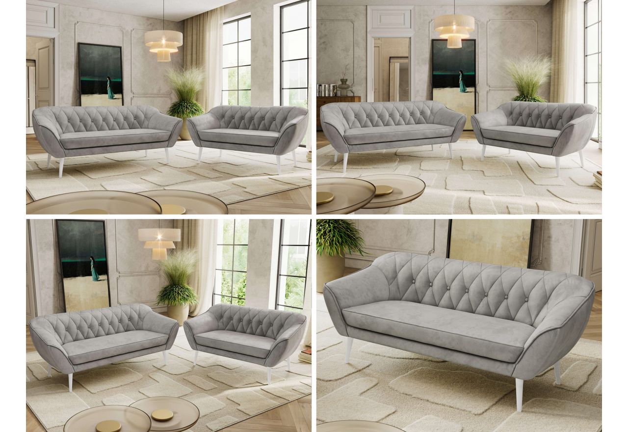 Zestaw PIRS 3+2 - jasnoszary, welwet - nóżki,  biały