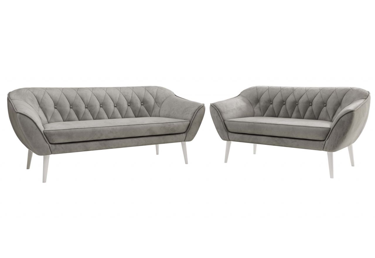 Zestaw PIRS 3+2 - jasnoszary, welwet - nóżki,  biały