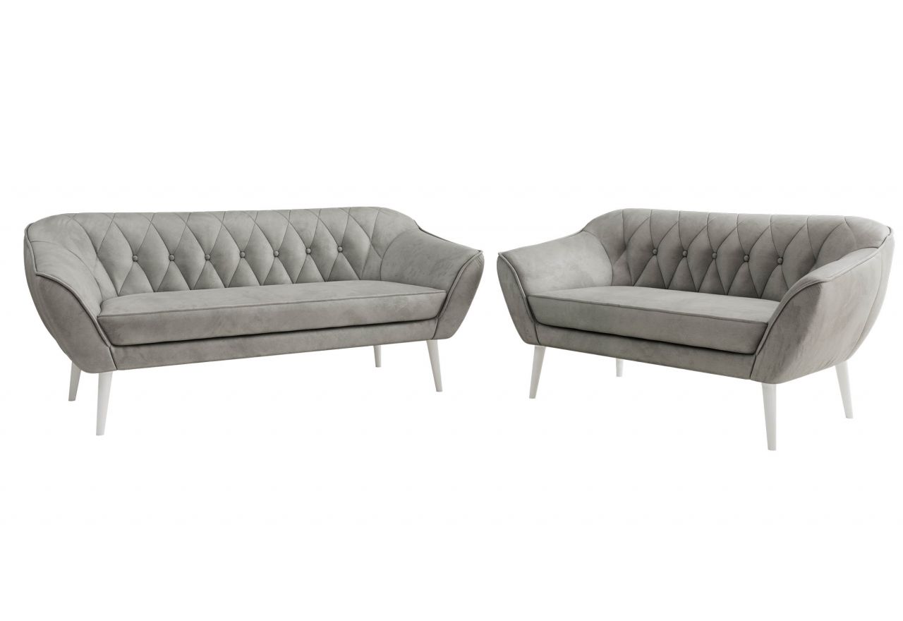 Zestaw PIRS 3+2 - jasnoszary, welwet - nóżki,  biały