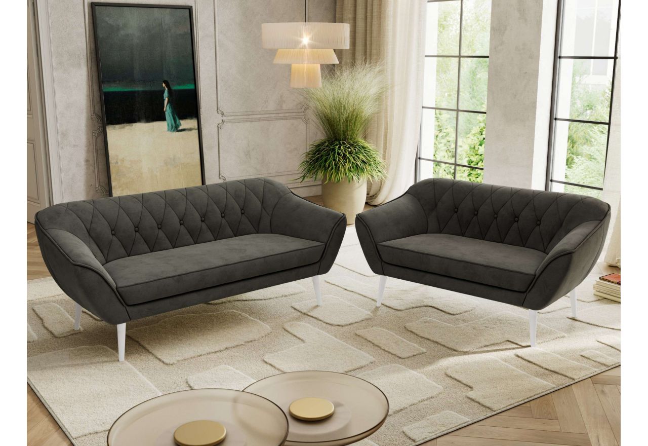 Zestaw PIRS 3+2 - ciemnoszary, welwet - nóżki,  biały