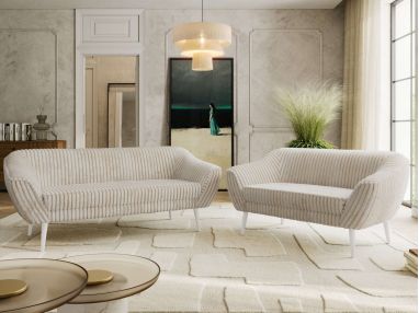 Zestaw PIRS 3+2 - beżowy, sztruks - nóżki,  biały