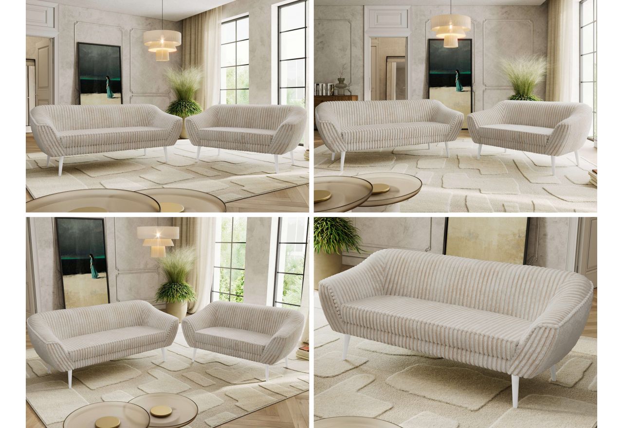 Zestaw PIRS 3+2 - beżowy, sztruks - nóżki,  biały