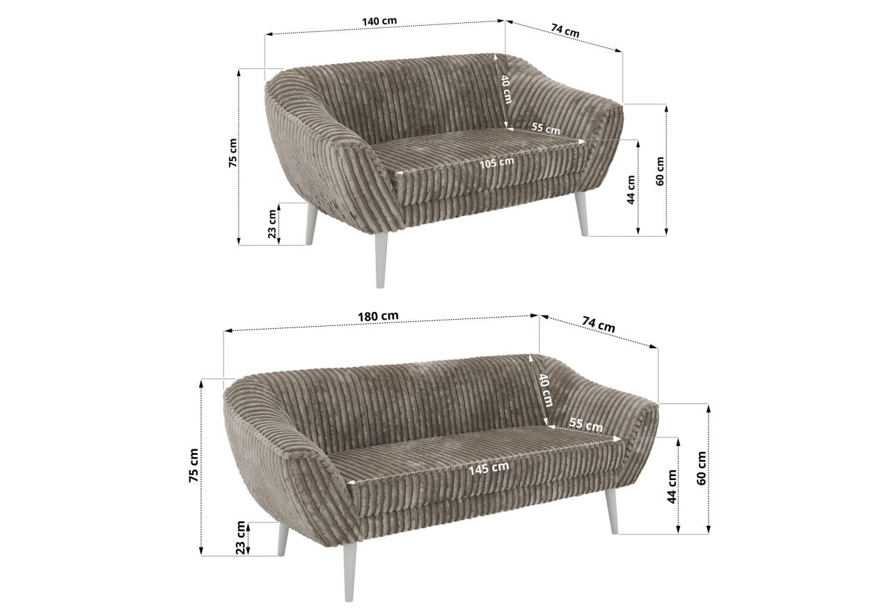Zestaw PIRS 3+2 - jasnobrązowy, sztruks - nóżki,  biały