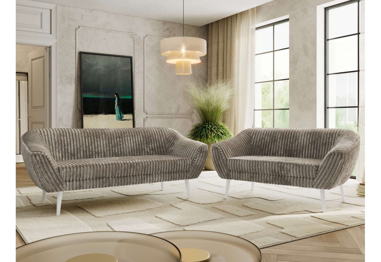 Zestaw PIRS 3+2 - jasnobrązowy, sztruks - nóżki,  biały