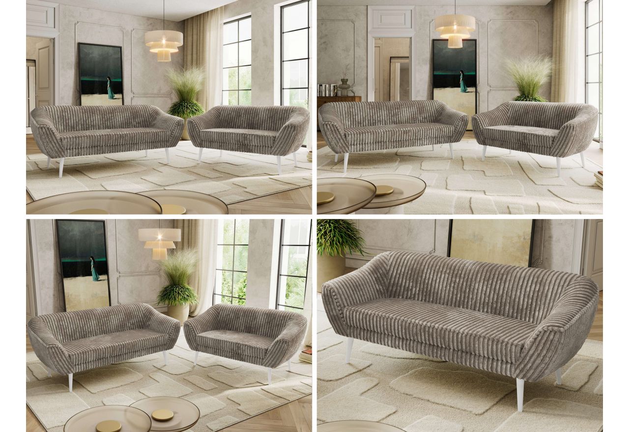 Zestaw PIRS 3+2 - jasnobrązowy, sztruks - nóżki,  biały