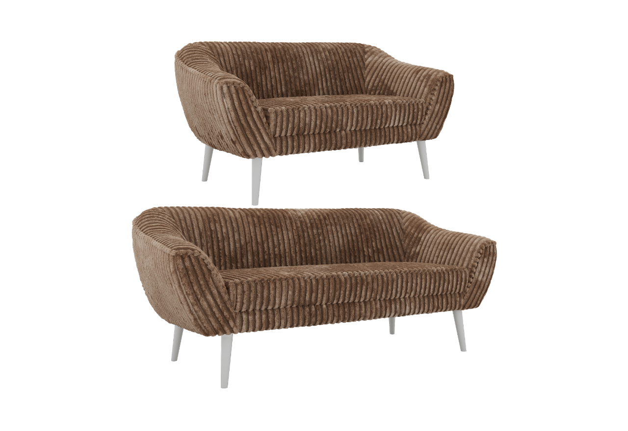 Zestaw PIRS 3+2 - brązowy, sztruks - nóżki,  biały