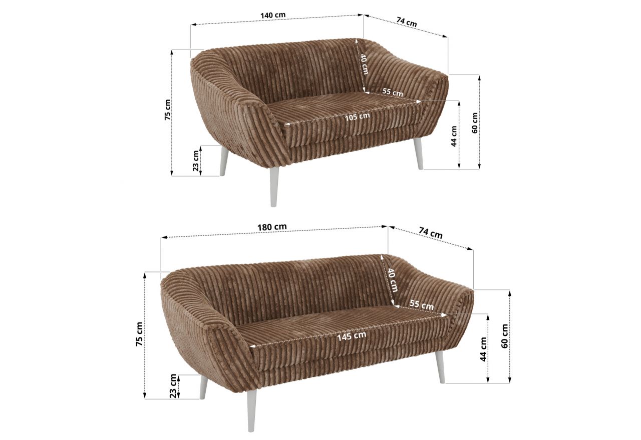 Zestaw PIRS 3+2 - brązowy, sztruks - nóżki,  biały