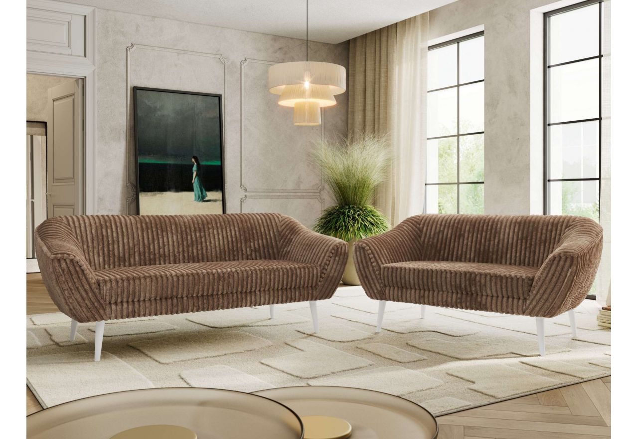 Zestaw PIRS 3+2 - brązowy, sztruks - nóżki,  biały