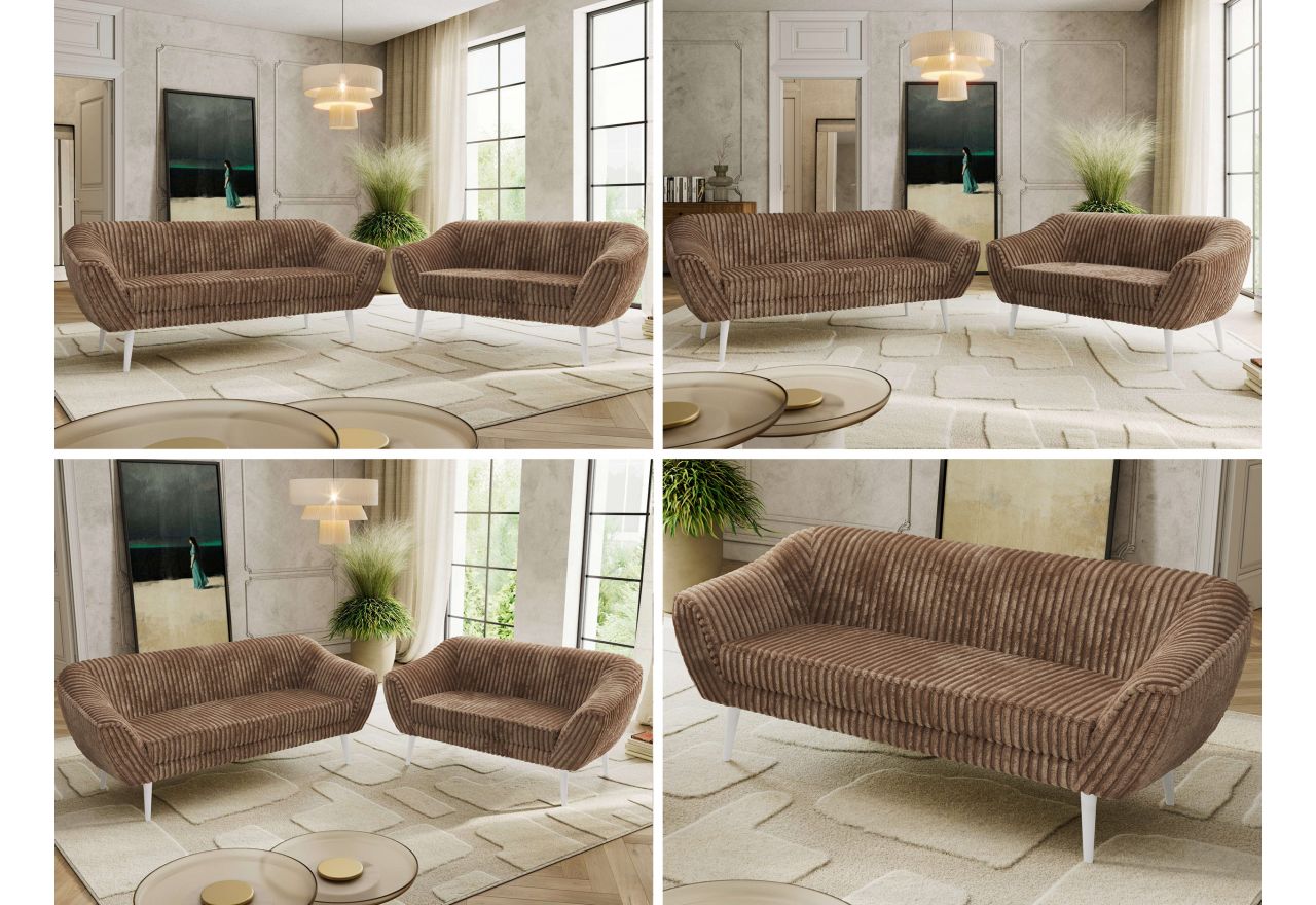 Zestaw PIRS 3+2 - brązowy, sztruks - nóżki,  biały