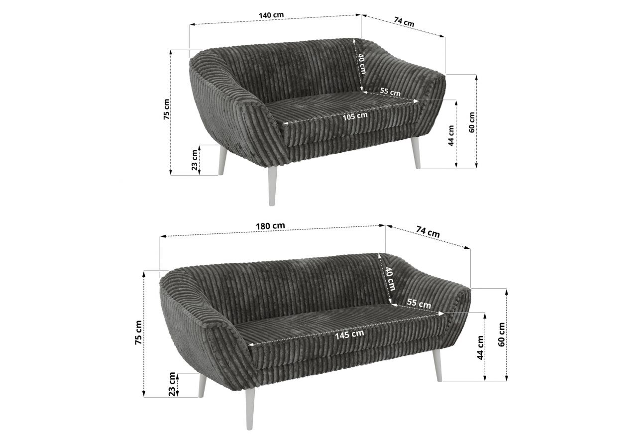 Zestaw PIRS 3+2 - szary, sztruks - nóżki,  biały