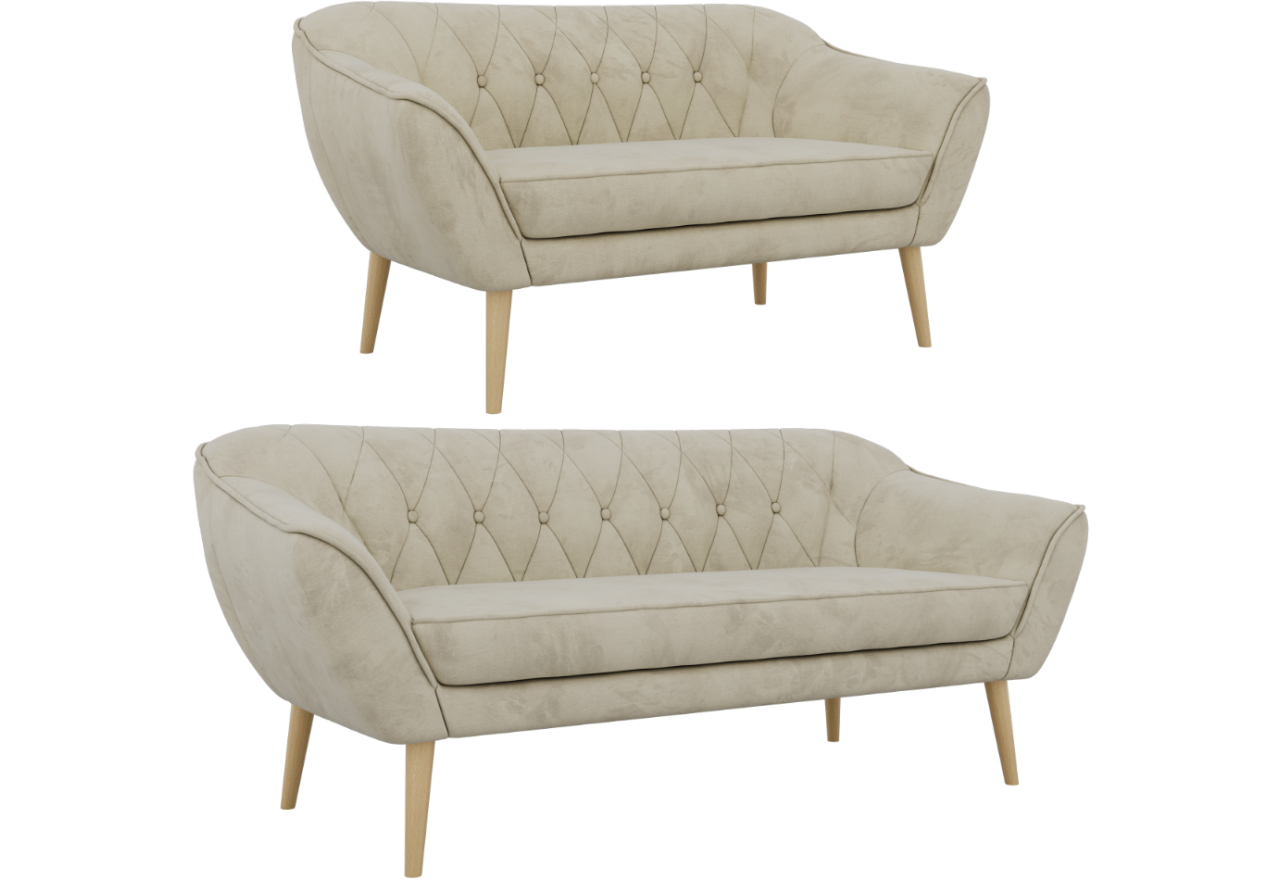 Zestaw PIRS 3+2 - kremowy, welwet - nóżki,  buk