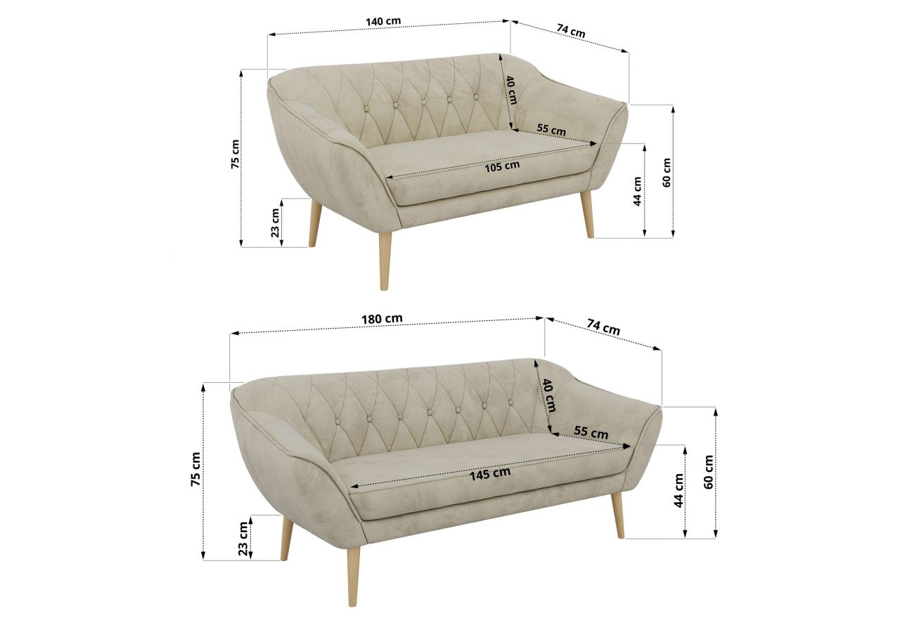 Zestaw PIRS 3+2 - kremowy, welwet - nóżki,  buk