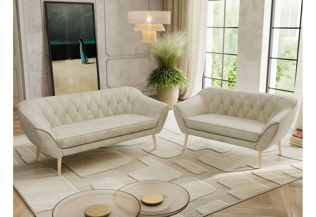 Zestaw PIRS 3+2 - kremowy, welwet - nóżki,  buk