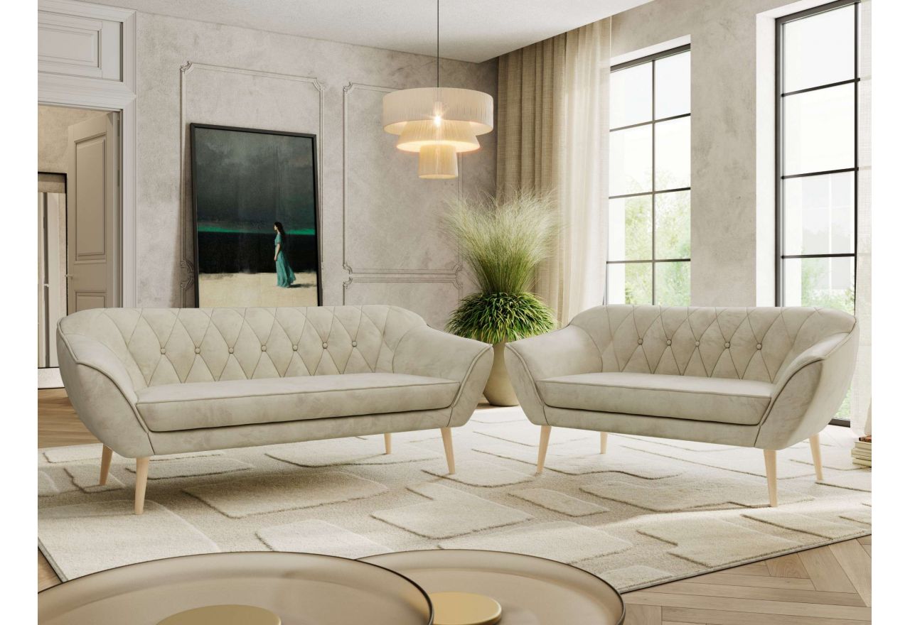 Zestaw PIRS 3+2 - kremowy, welwet - nóżki,  buk