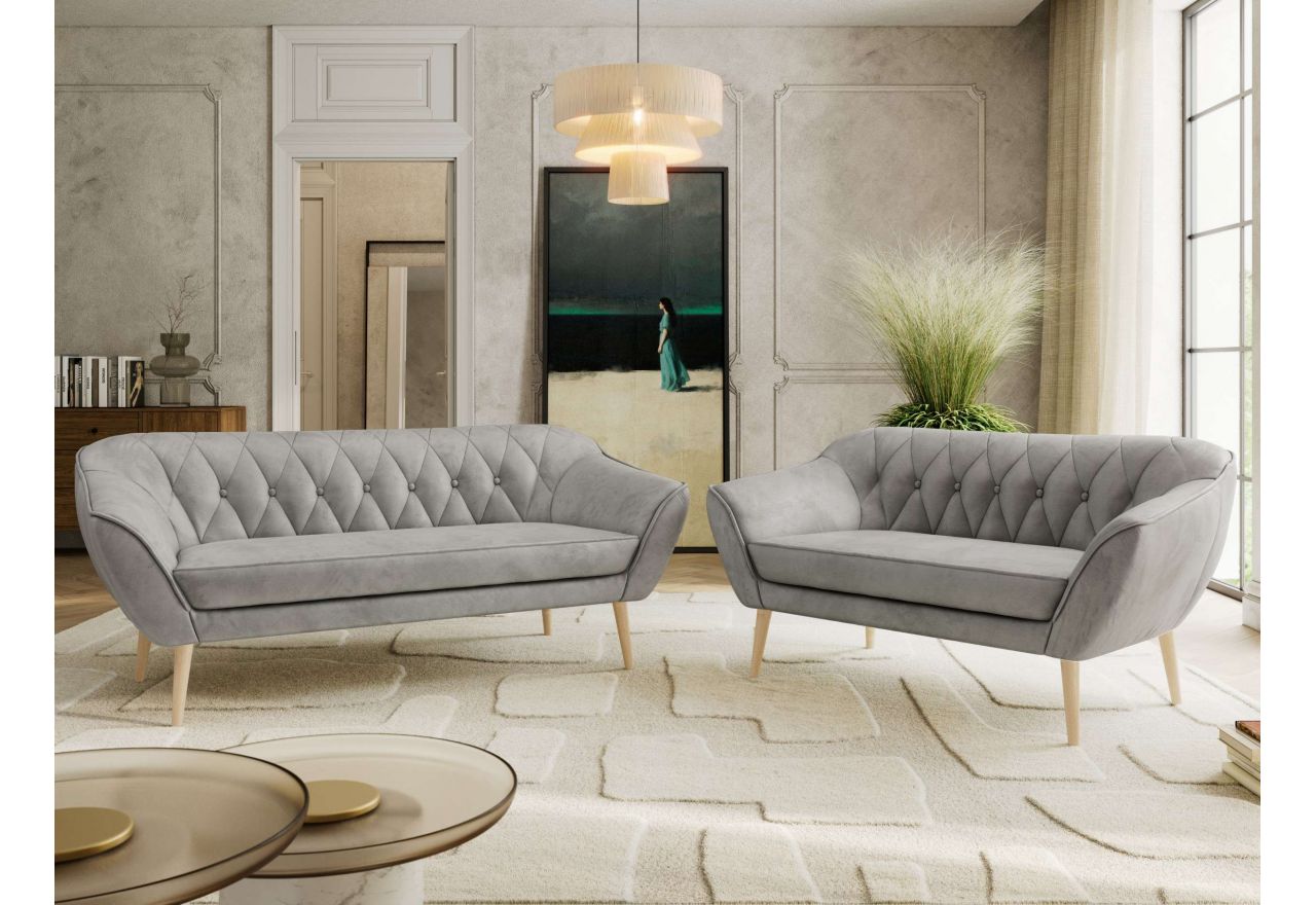 Zestaw PIRS 3+2 - jasnoszary, welwet - nóżki,  buk