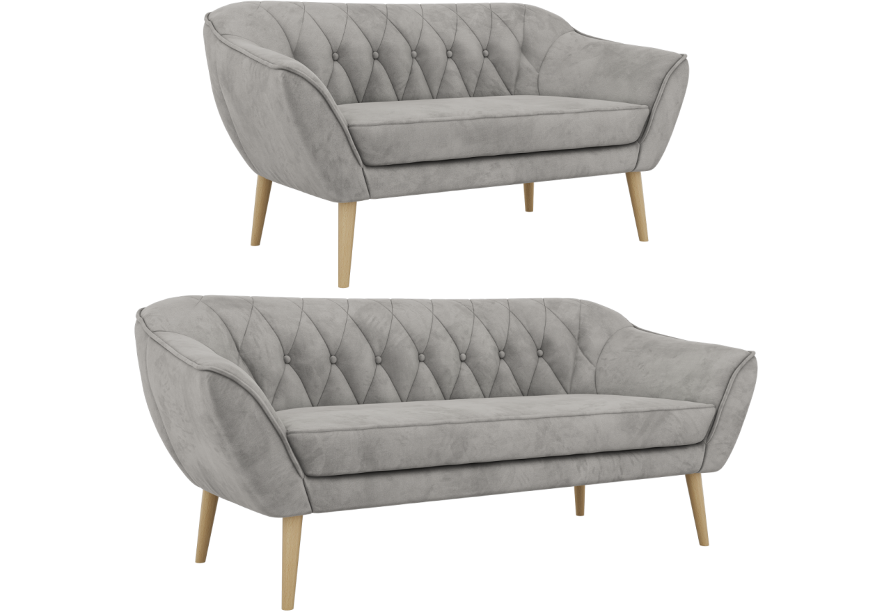 Zestaw PIRS 3+2 - jasnoszary, welwet - nóżki,  buk