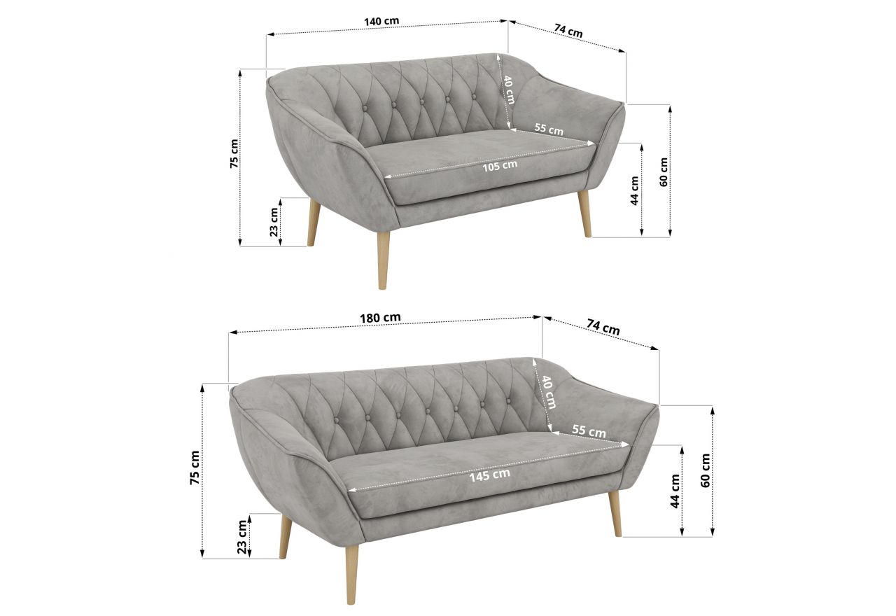 Zestaw PIRS 3+2 - jasnoszary, welwet - nóżki,  buk