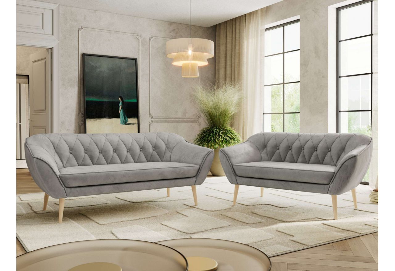 Zestaw PIRS 3+2 - jasnoszary, welwet - nóżki,  buk