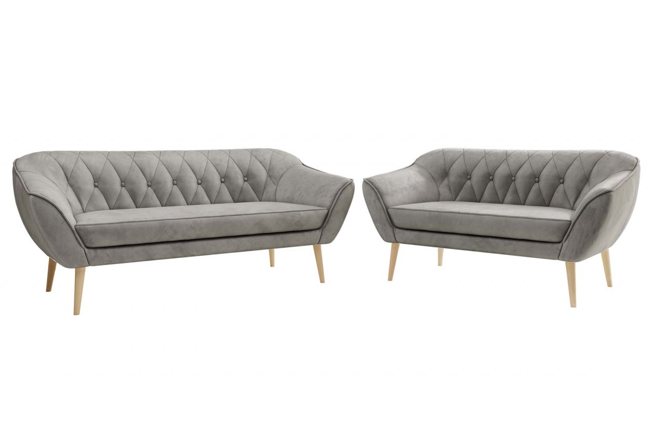 Zestaw PIRS 3+2 - jasnoszary, welwet - nóżki,  buk