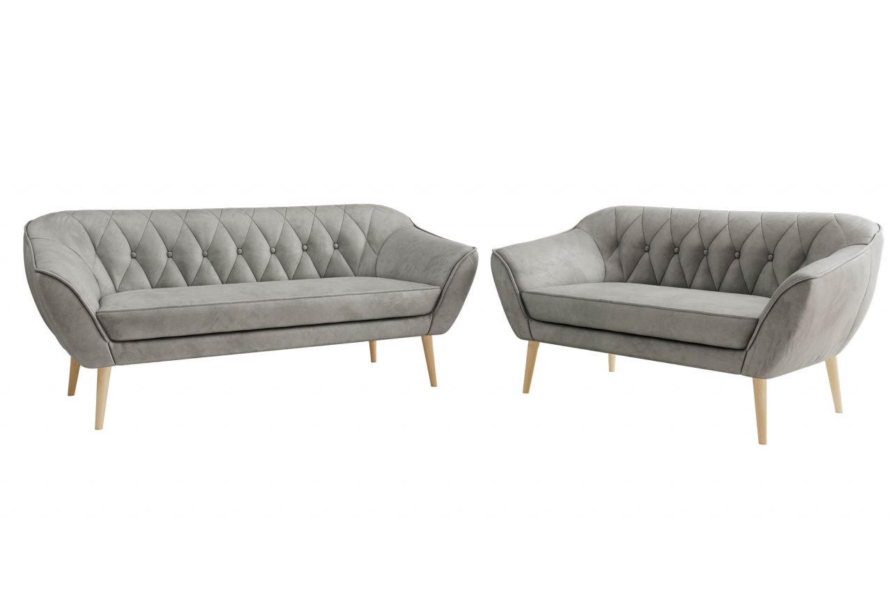 Zestaw PIRS 3+2 - jasnoszary, welwet - nóżki,  buk