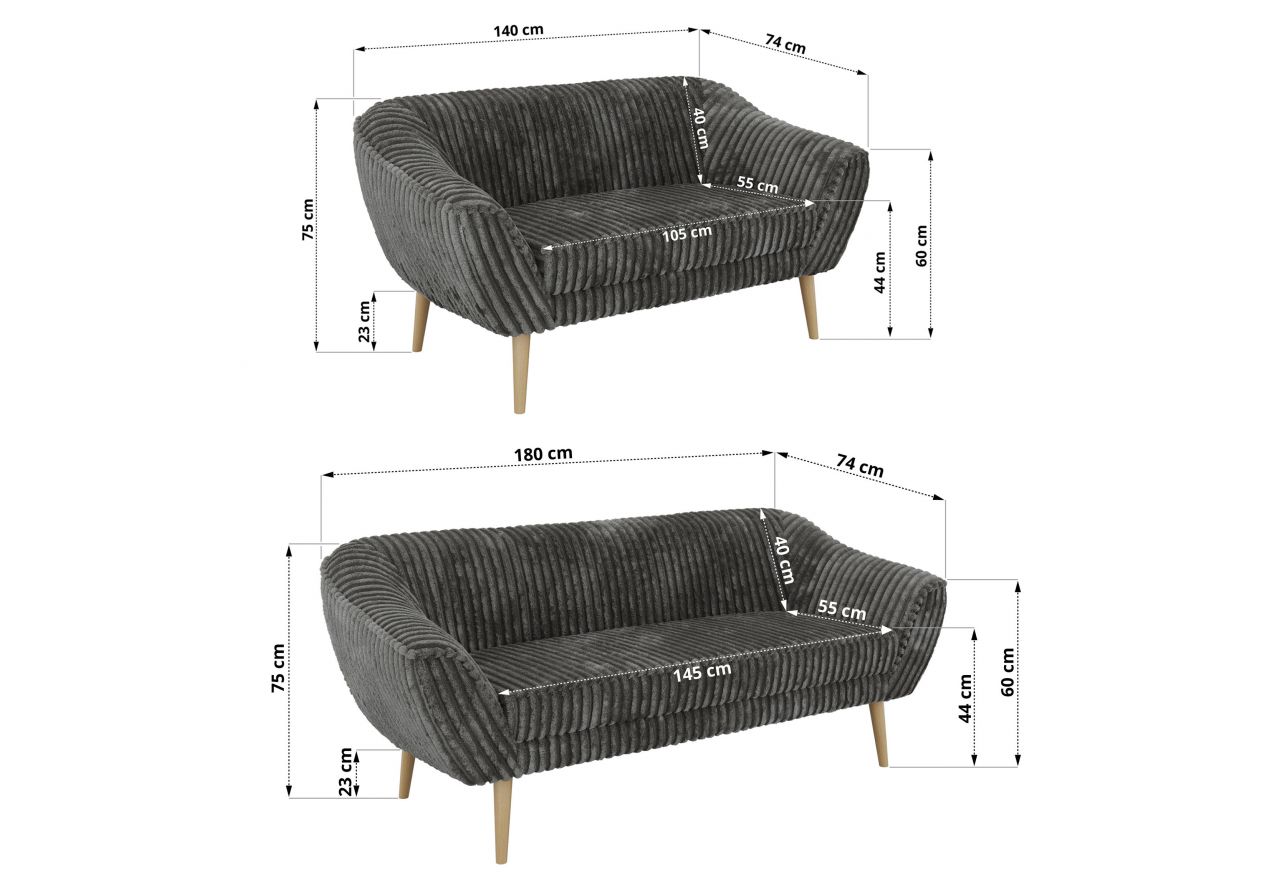 Zestaw PIRS 3+2 - szary, sztruks - nóżki,  buk