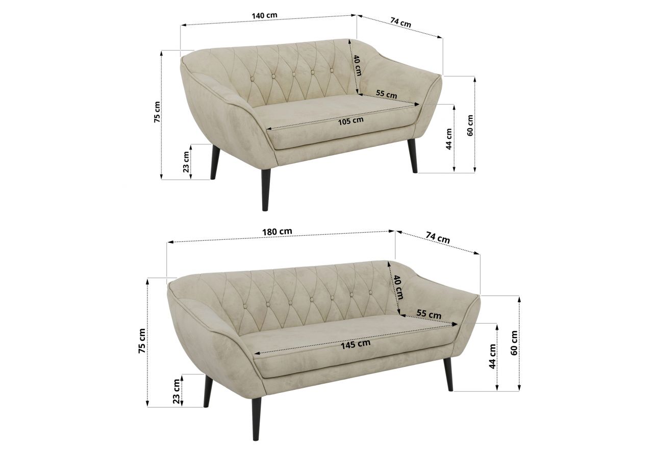 Zestaw PIRS 3+2 - kremowy, welwet - nóżki,  czarny