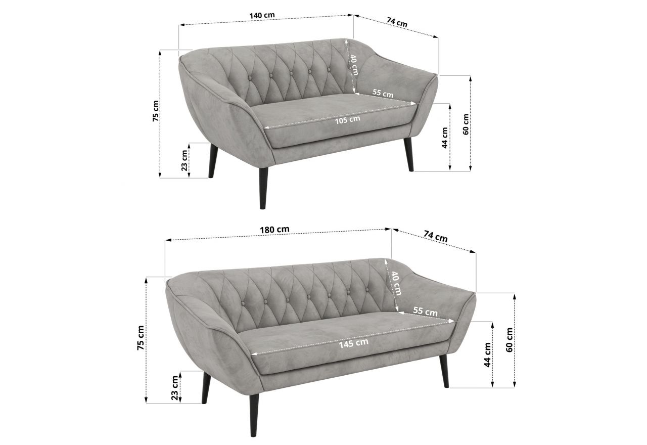 Zestaw PIRS 3+2 - jasnoszary, welwet - nóżki,  czarny