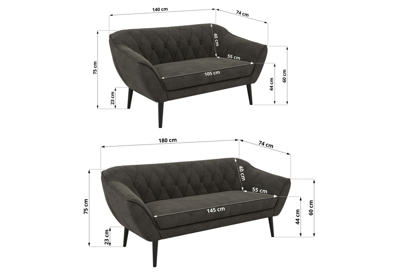 Zestaw PIRS 3+2 - ciemnoszary, welwet - nóżki,  czarny
