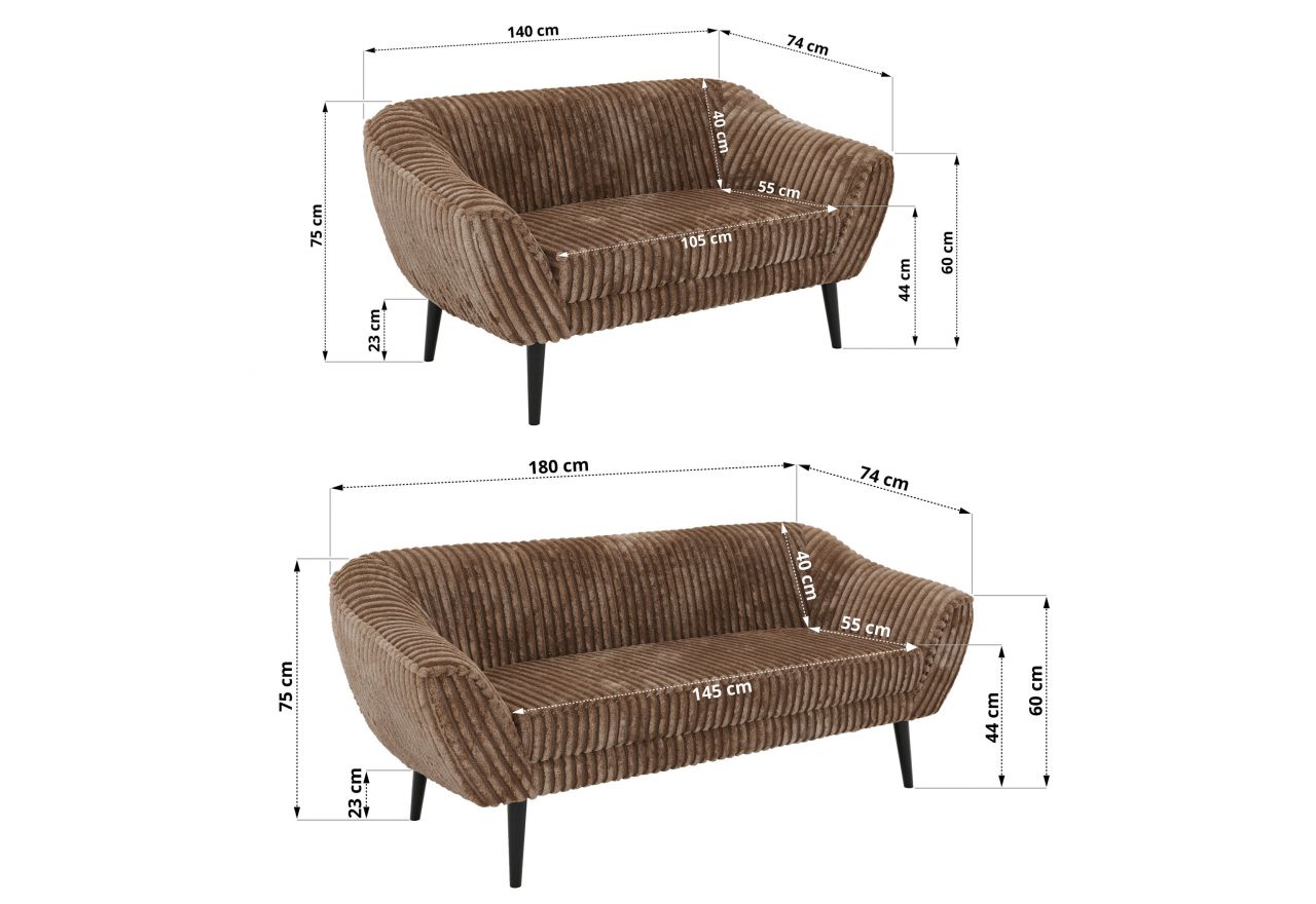 Zestaw PIRS 3+2 - brązowy, sztruks - nóżki,  czarny