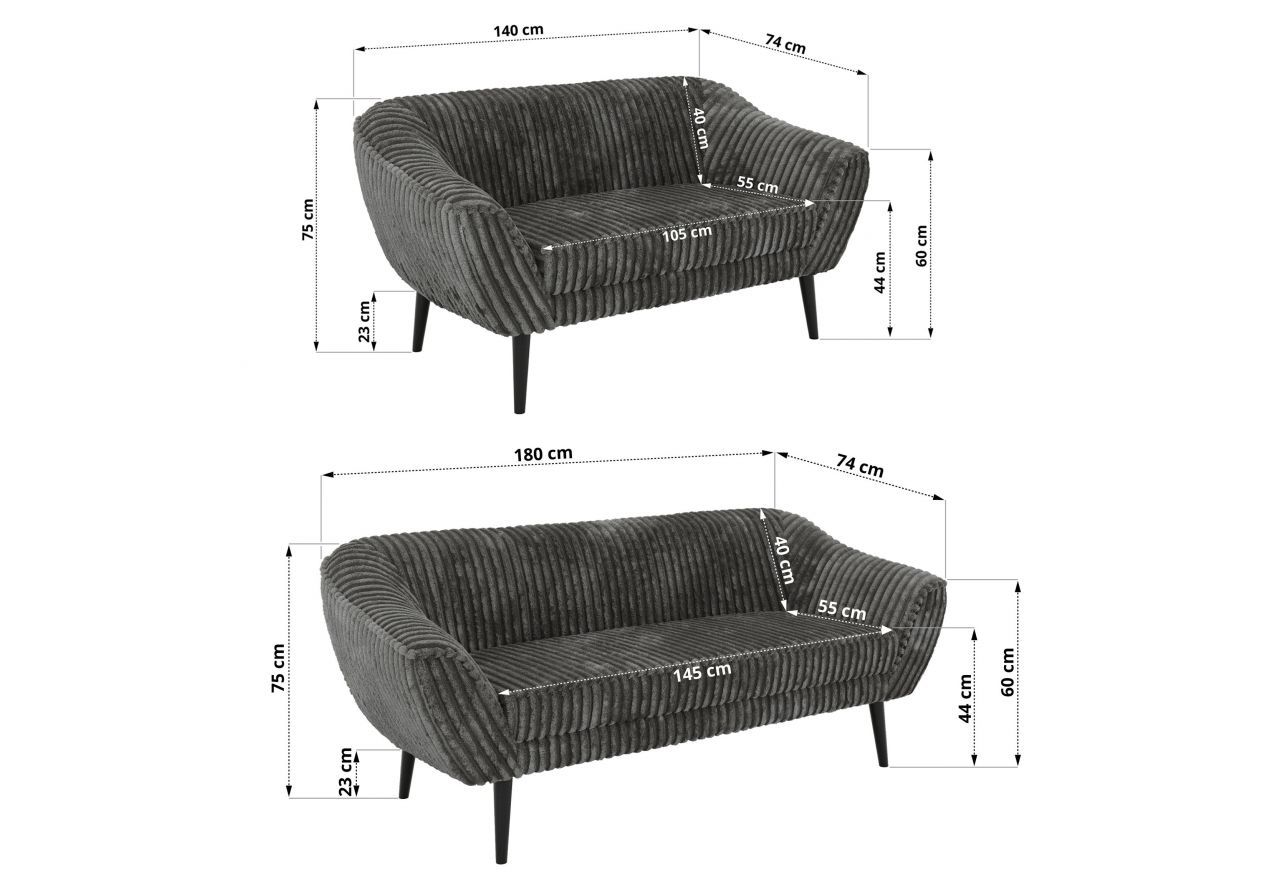 Zestaw PIRS 3+2 - szary, sztruks - nóżki,  czarny