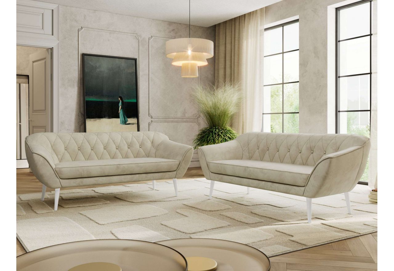 Zestaw PIRS 3+3 - kremowy, welwet - nóżki,  biały